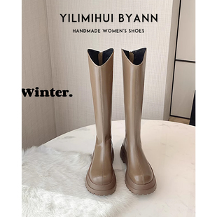 英伦风v口后拉链长筒靴女秋冬厚底圆头高筒骑士靴酷 一力米灰