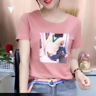 ins上衣 打底衫 歐洲站女孩印花粉色t恤2020春夏新短袖 內搭網紅爆款