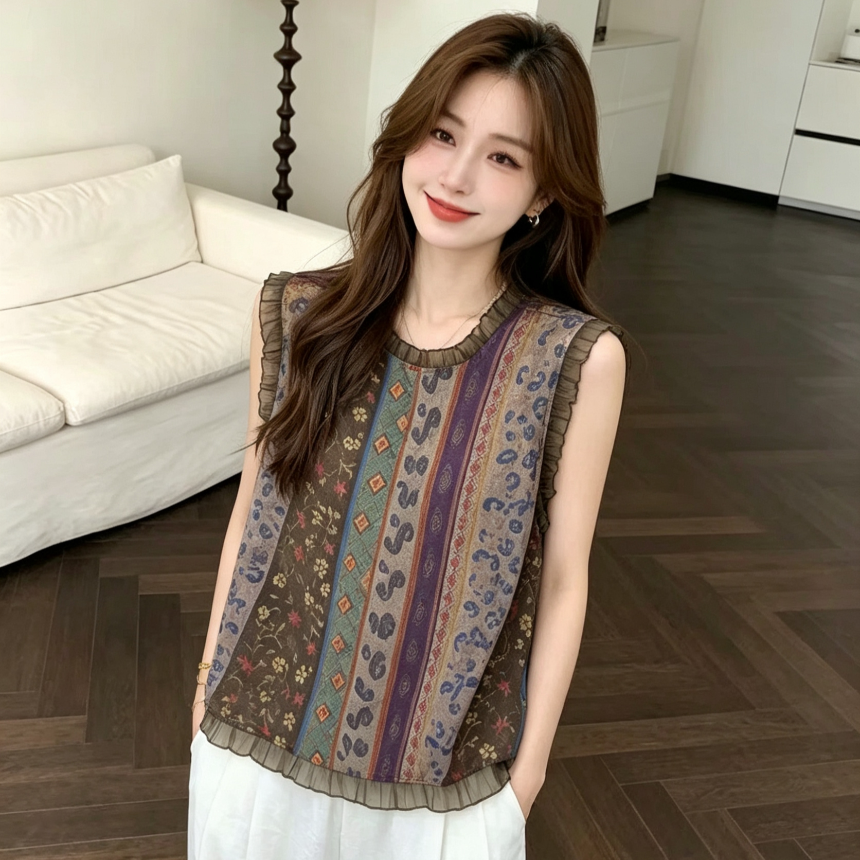 木耳边印花无袖仿真丝雪纺背心2026夏国风漂亮上衣设计感小众小衫
