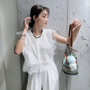 镂空钩花飞飞袖 气质单排扣背心女设计感小众上衣潮 小衫 2025夏时尚