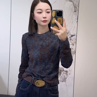 网红爆款晕染印花网纱上衣2025秋线条圆领打底衫修身显瘦T恤小衫