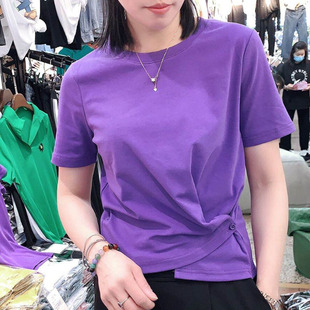 欧货不规则下摆紫色t恤女2020春夏新侧边纽扣上衣短袖 网红打底衫