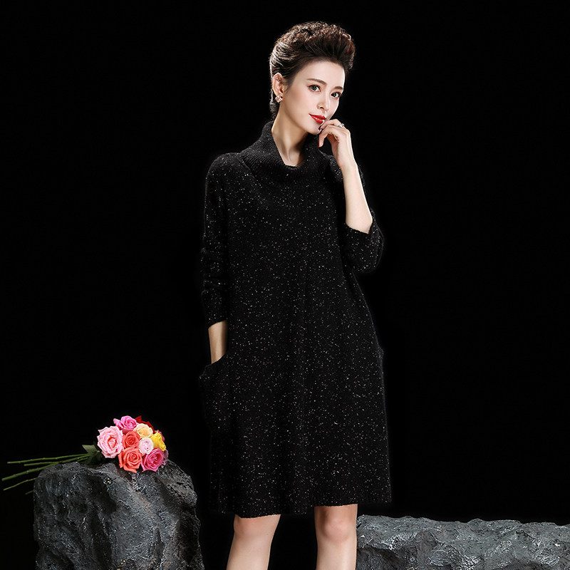 高领牦牛绒毛衣连衣裙秋冬新款宽松大码胖中长款羊绒针织毛衣裙厚