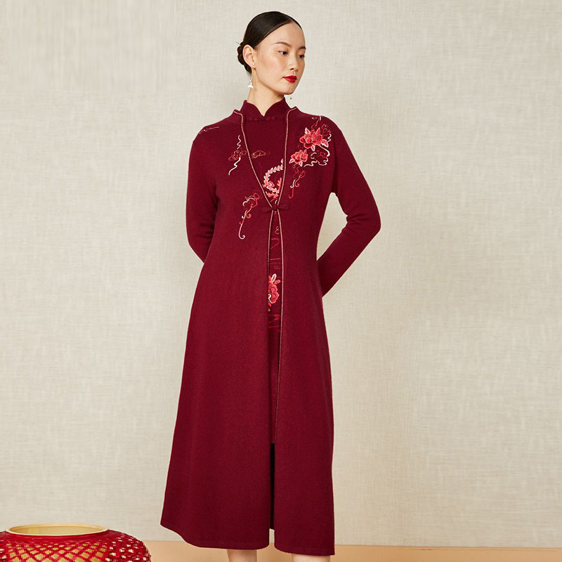 中长款毛衣裙绣花羊绒旗袍长裙长袖婚庆礼服国风刺绣羊绒连衣裙女