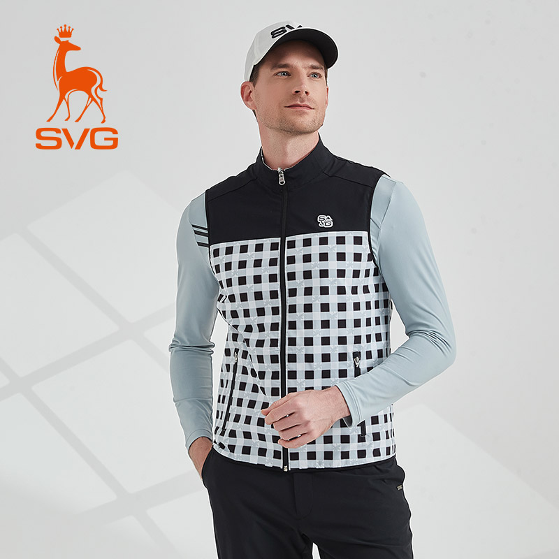 svg高尔夫男装秋季早秋黑白格纹印花背心拉链立领马甲运动上衣男