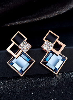 蓝色耳环女纯银针菱形水晶大脸耳饰女显瘦耳钉轻奢高级感气质大气