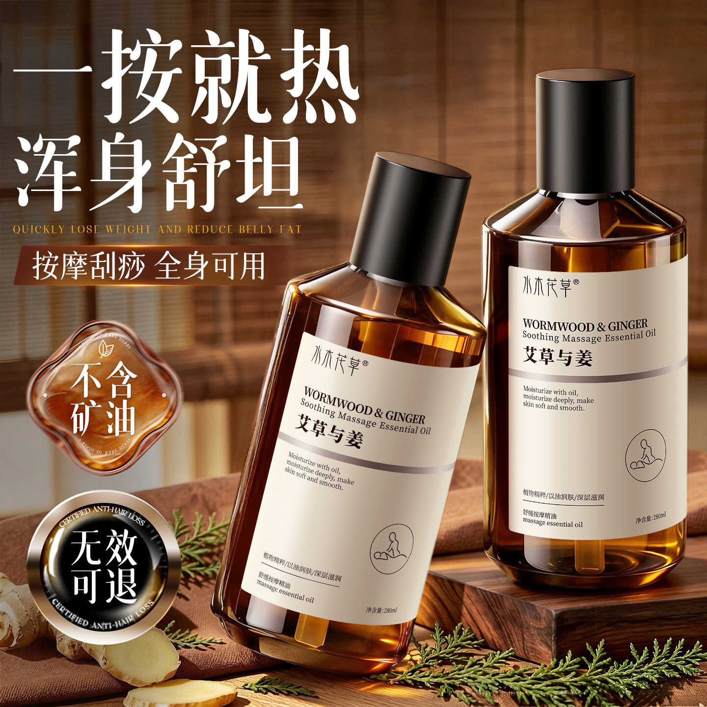 艾草生姜发热按摩精油全身身体通经络免洗祛湿气开背推背刮痧正品
