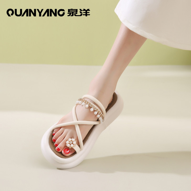 今年流行的新款凉鞋女夏季套趾珍珠一字拖仙女风踩屎感厚底凉拖鞋