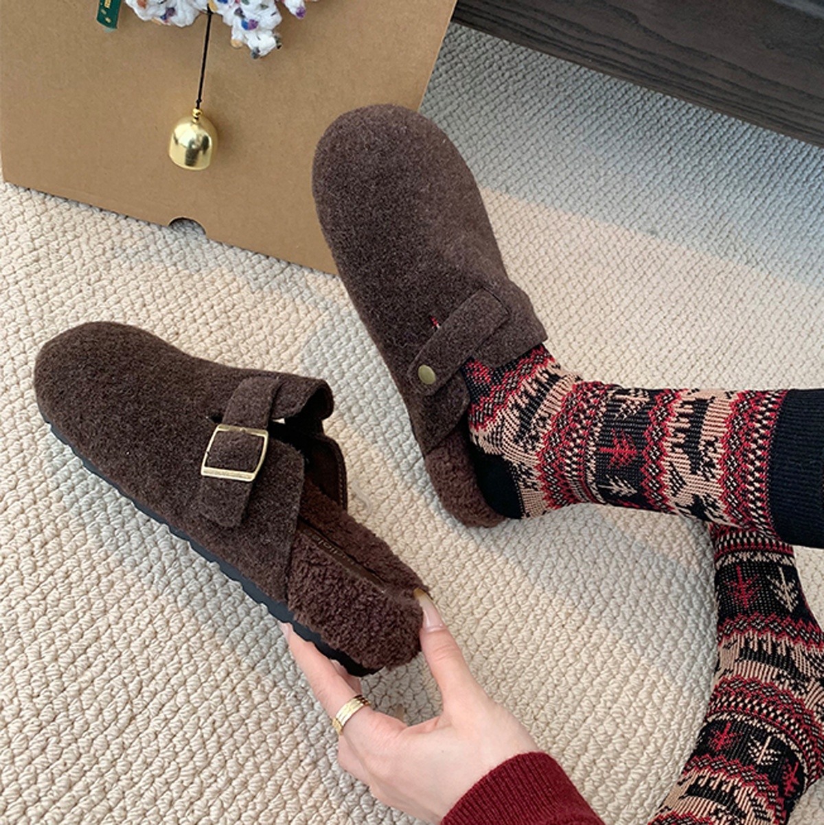 加绒毛拖鞋女保暖毛毛鞋平底包头半拖外穿厚底勃肯女鞋秋冬款棉鞋