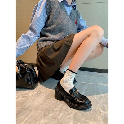 牛皮版~山茶花粗跟增高厚底乐福鞋女圆头单鞋女高跟英伦风小皮鞋