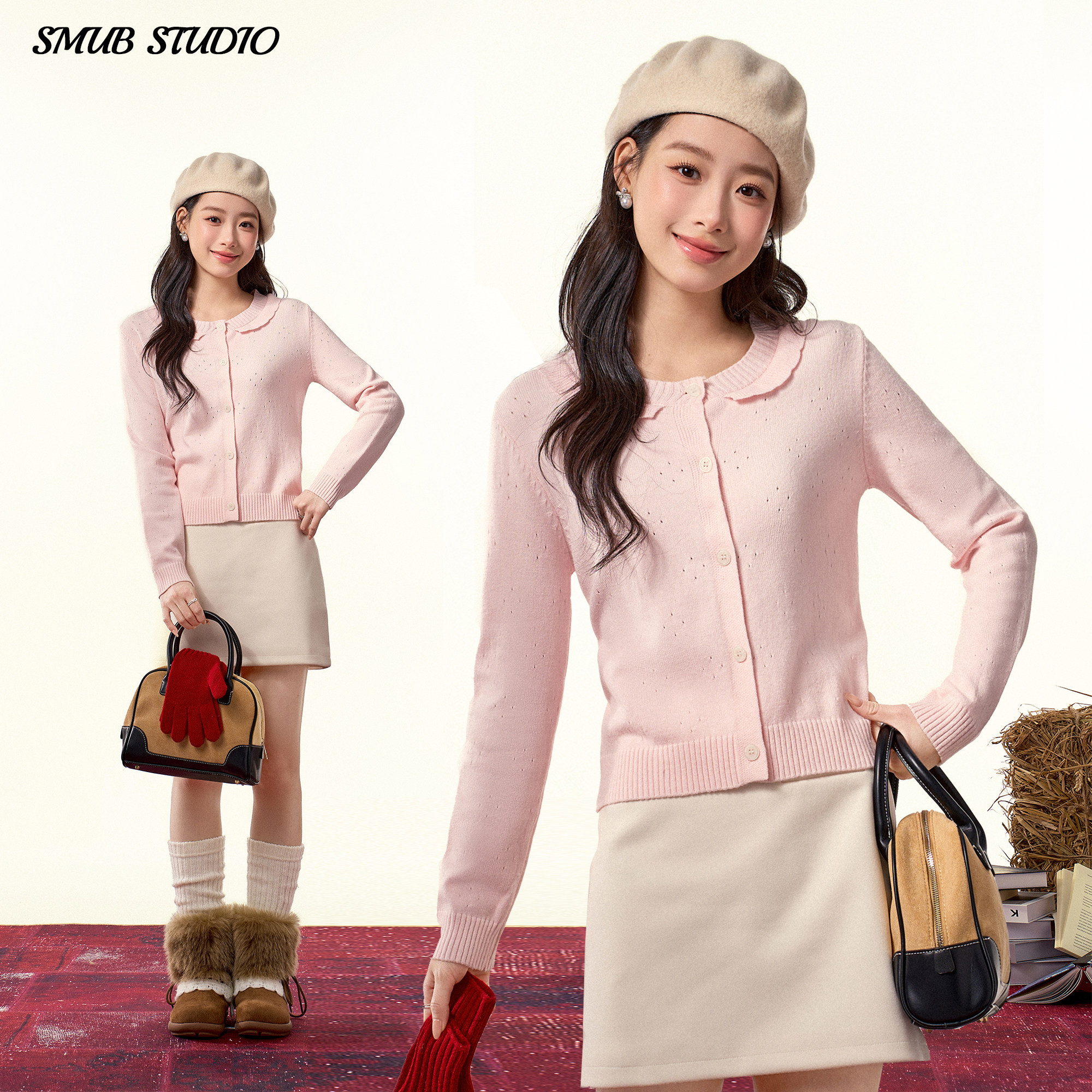 新款设计感娃娃领针织开衫女韩系内搭毛衣长袖打底衫短款粉色上衣