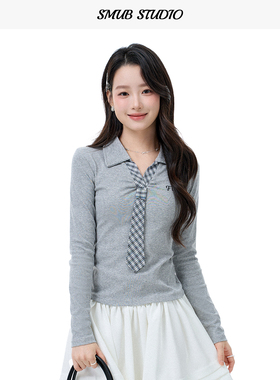 学院风格纹领带设计感长袖T恤女polo领修身内搭打底衫韩系短上衣