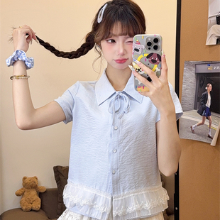 甜美蕾丝拼接修身 蓝色系带翻领短袖 新款 衬衫 显瘦短上衣 女2025夏季