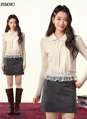 假两件翻领针织衫女蕾丝花边设计感打底衫修身长袖内搭正肩短上衣