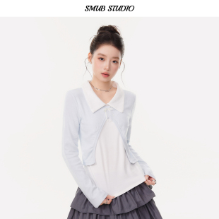 修身 翻领打底衫 短上衣 T恤女2025早秋新款 小清新假两件设计感长袖