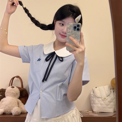 甜美风娃娃领条纹短袖衬衫女夏季