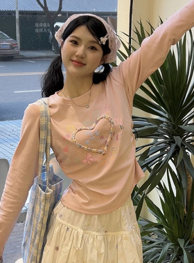 彩色爱心长袖蝴蝶结字母印花甜妹风t恤打底衫女2026新款修身上衣