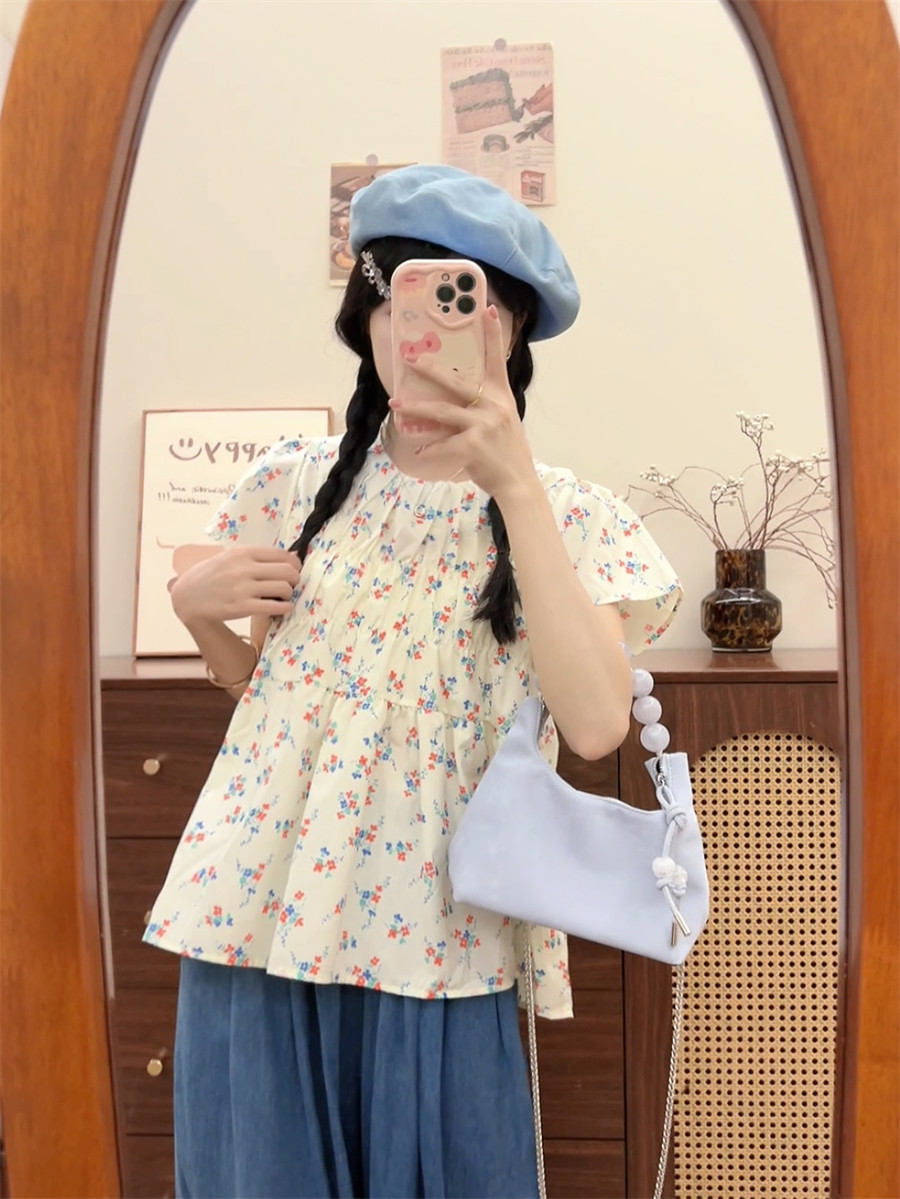 甜美少女感碎花T恤裙子女宽松短袖上衣小众设计感别致褶皱半身群