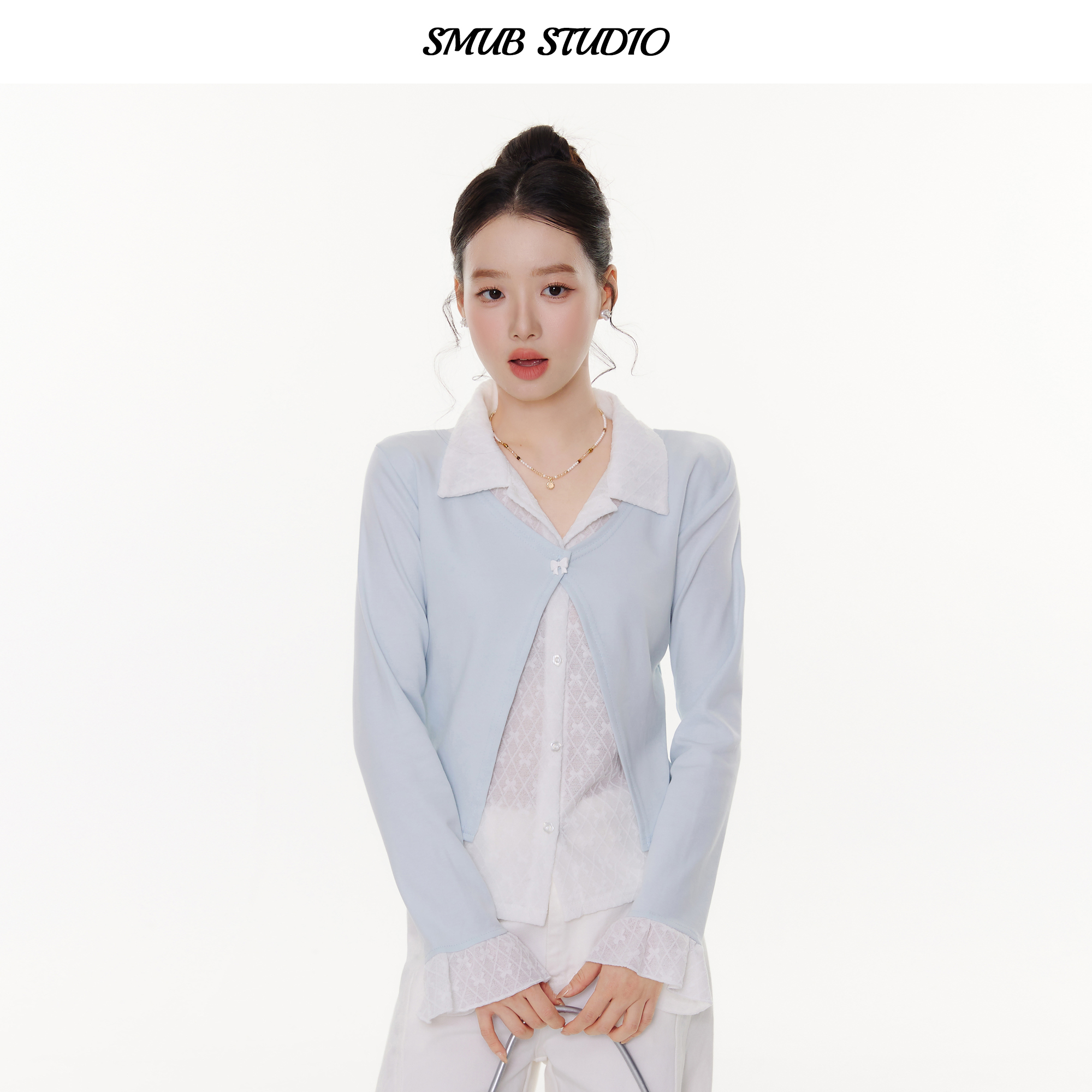 polo领假两件蕾丝衬衫设计感上衣