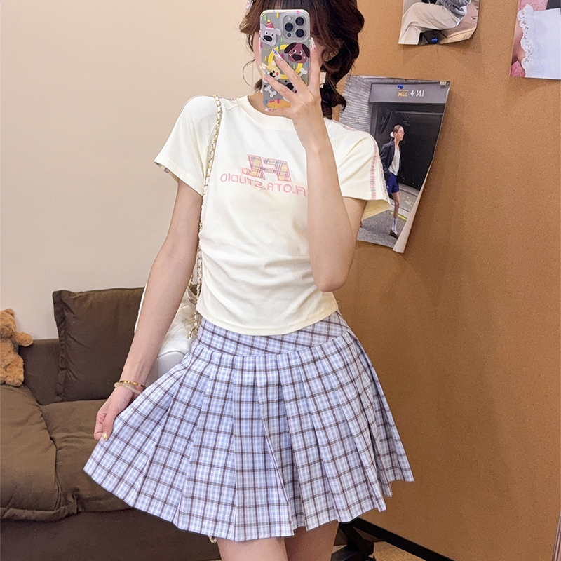 日系校供感格子A字高腰半身裙女2025夏季新款显瘦百搭百褶裙短裙