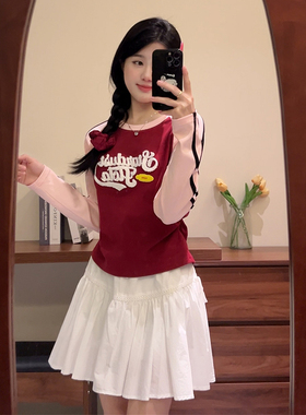 SMUB 红色t恤女长袖插肩袖正肩装早秋季2024新款内搭修身显瘦上衣