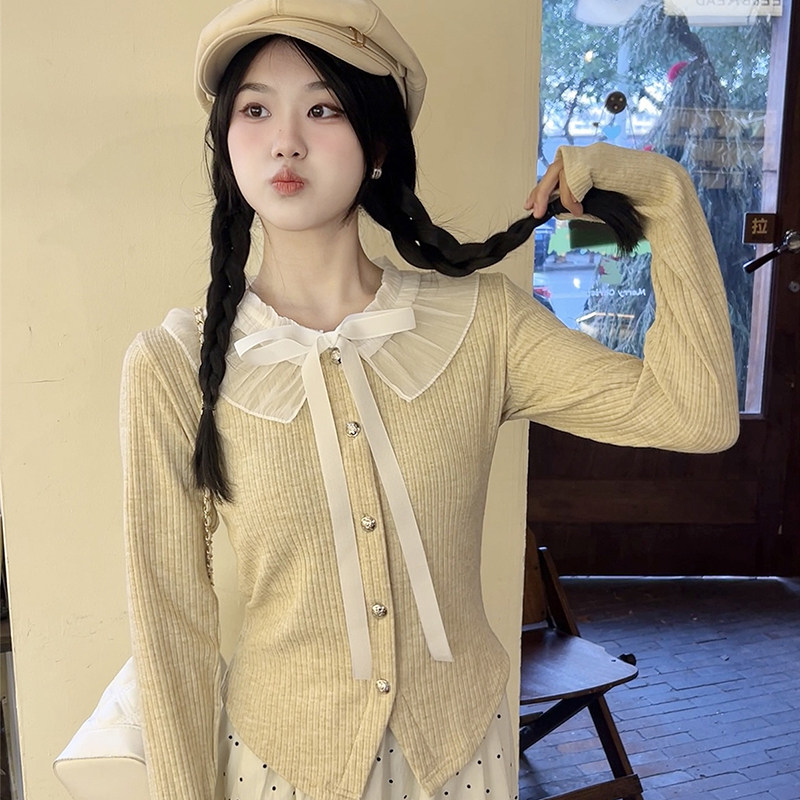 2026秋季新款蝴蝶结蕾丝花边针织开衫女韩系纽扣修身显瘦长袖上衣