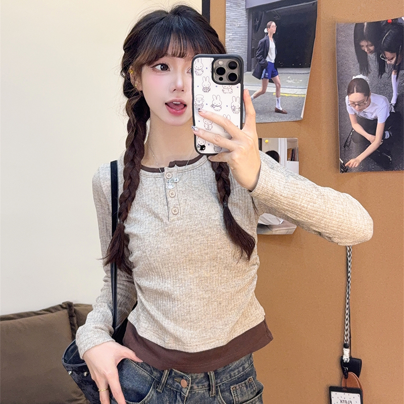 设计感拼接假两件长袖针织衫上衣