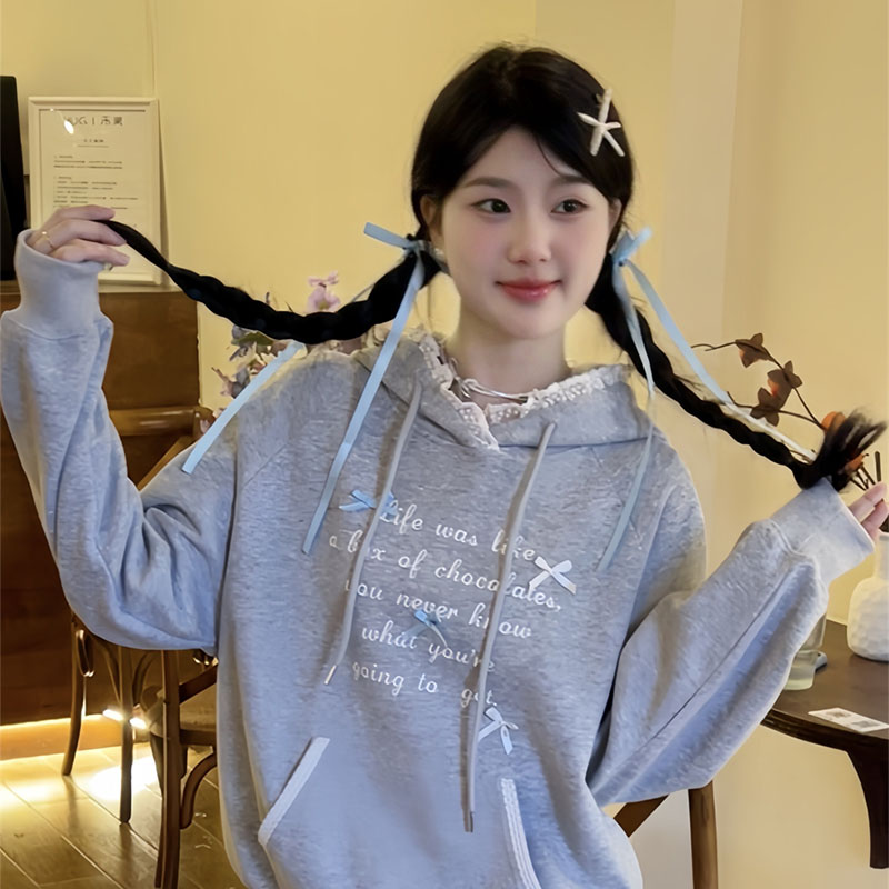 立体蝴蝶结蕾丝连帽卫衣女2026新款爆款设计感长袖上衣秋冬季新款