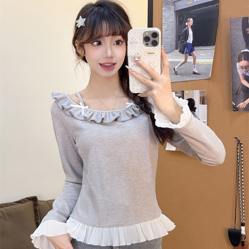 新款网纱拼接假两件长袖女针织衫