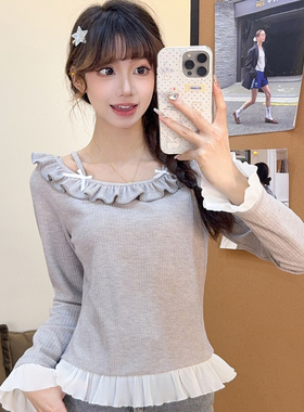 2026新款网纱拼接假两件长袖针织衫女秋冬喇叭袖娃娃领打底衫上衣