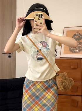 小众少女风法式花园熊印花短袖女夏ins甜妹蕾丝圆领正肩收腰上衣