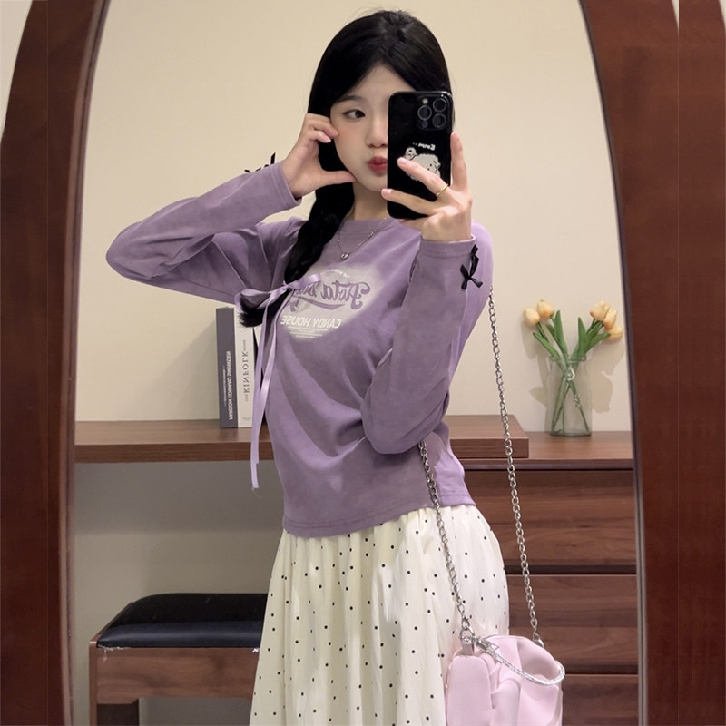 紫色长袖正肩T恤女装秋冬小个子