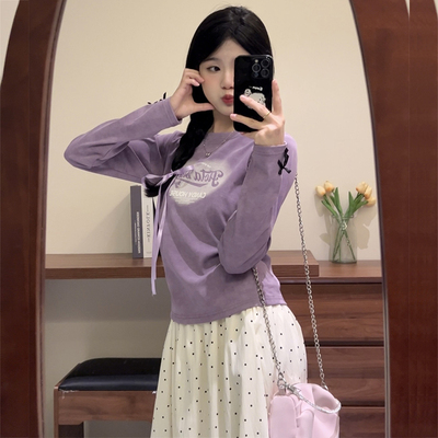 紫色长袖正肩T恤女装秋冬小个子