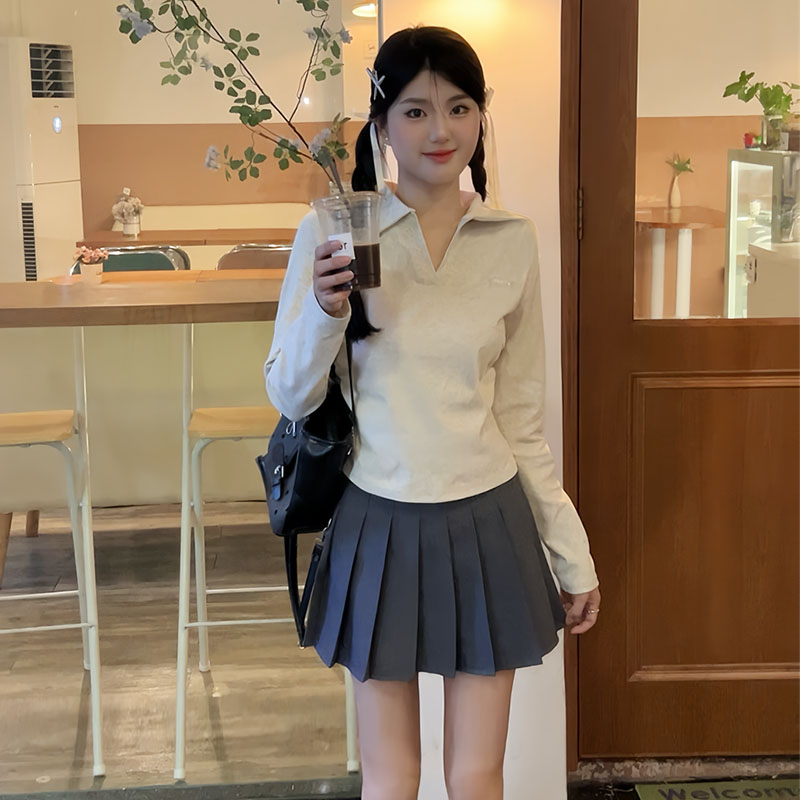 秋冬季胶印字母正肩t恤polo领修身短款长袖上衣打底衫女2024新款