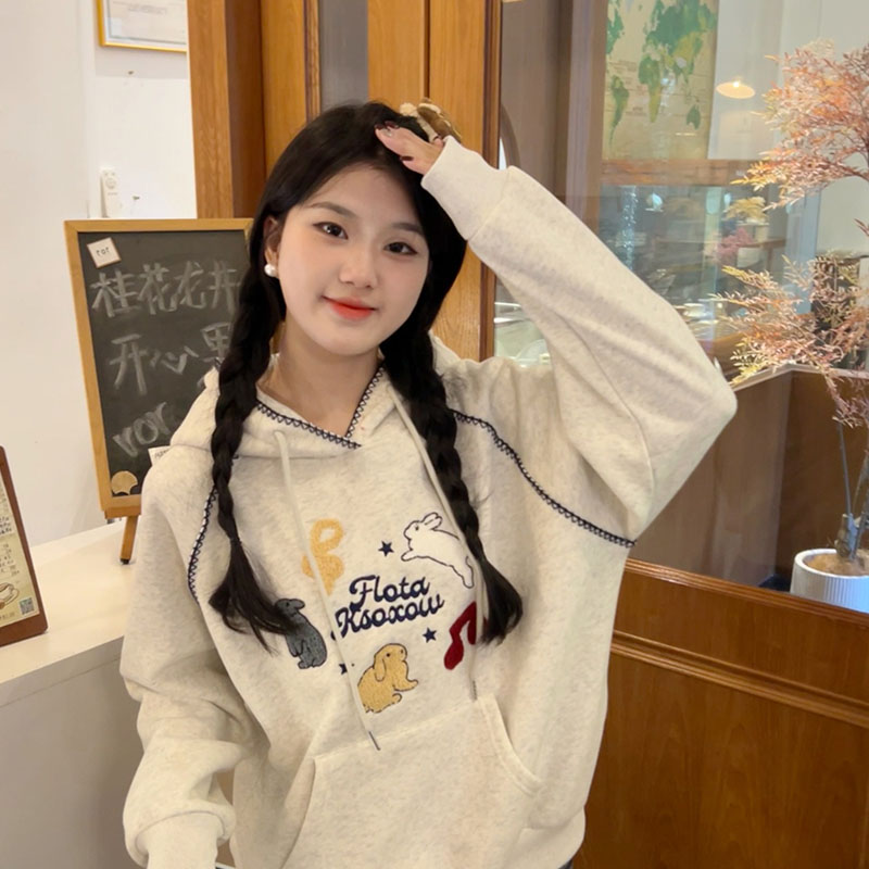 字母刺绣加绒加厚连帽卫衣女2026新款设计感可爱卡通刺绣宽松上衣