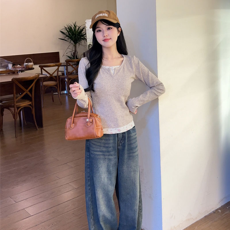 设计感v领内搭拼接条纹打底针织衫秋冬新款碎花假两件长袖上衣女