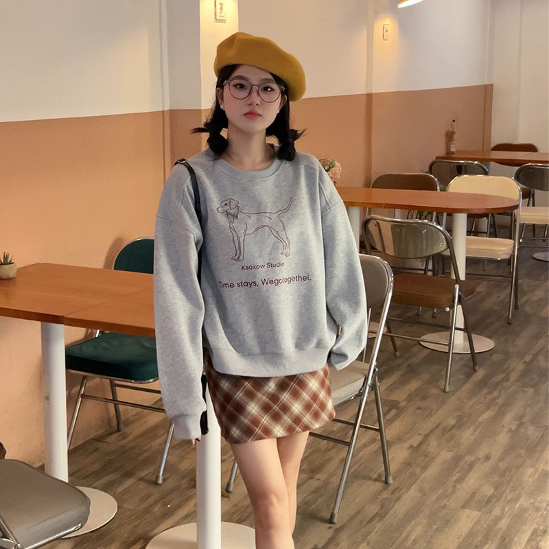 卡通可爱小狗印花圆领卫衣女秋冬新款慵懒宽松休闲小个子长袖上衣