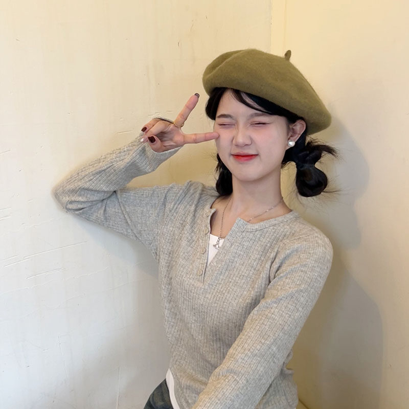 韩系纽扣v领假两件打底针织衫女秋季甜妹修身短款正肩t恤上衣新款