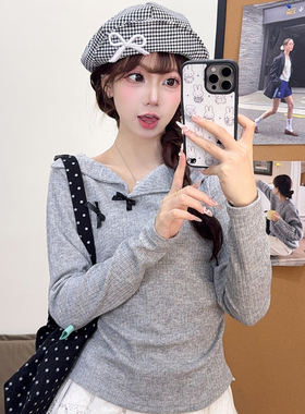 翻领蝴蝶结长袖针织衫女2026秋冬新款正肩修身内搭打底衫显瘦上衣