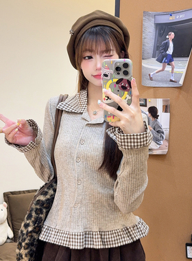 格纹拼接荷叶边V领长袖针织衫开衫女2026秋冬新款韩系修身短上衣