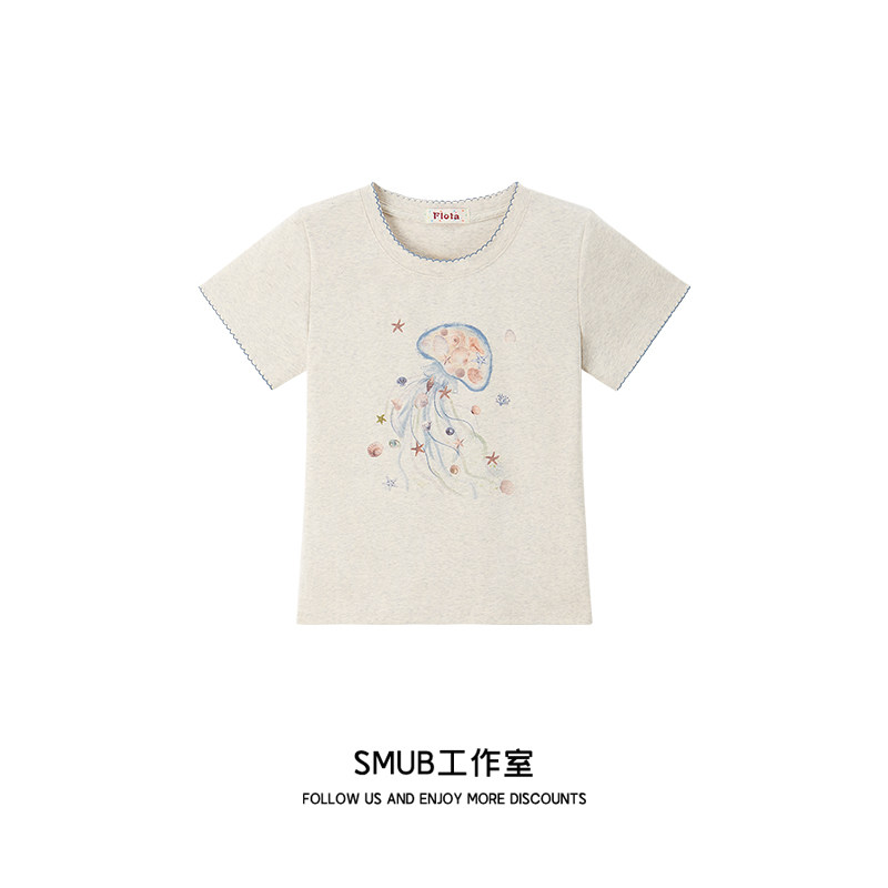卡通水母涂鸦T恤女修身显瘦上衣