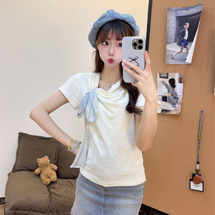 百搭短款 甜美杏色蝴蝶结系带斜领短袖 修身 T恤女2025夏季 上衣 新款