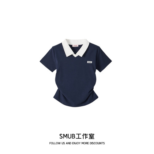 2026夏季新款撞色polo领正肩短袖t恤女韩系chic修身显瘦短款上衣