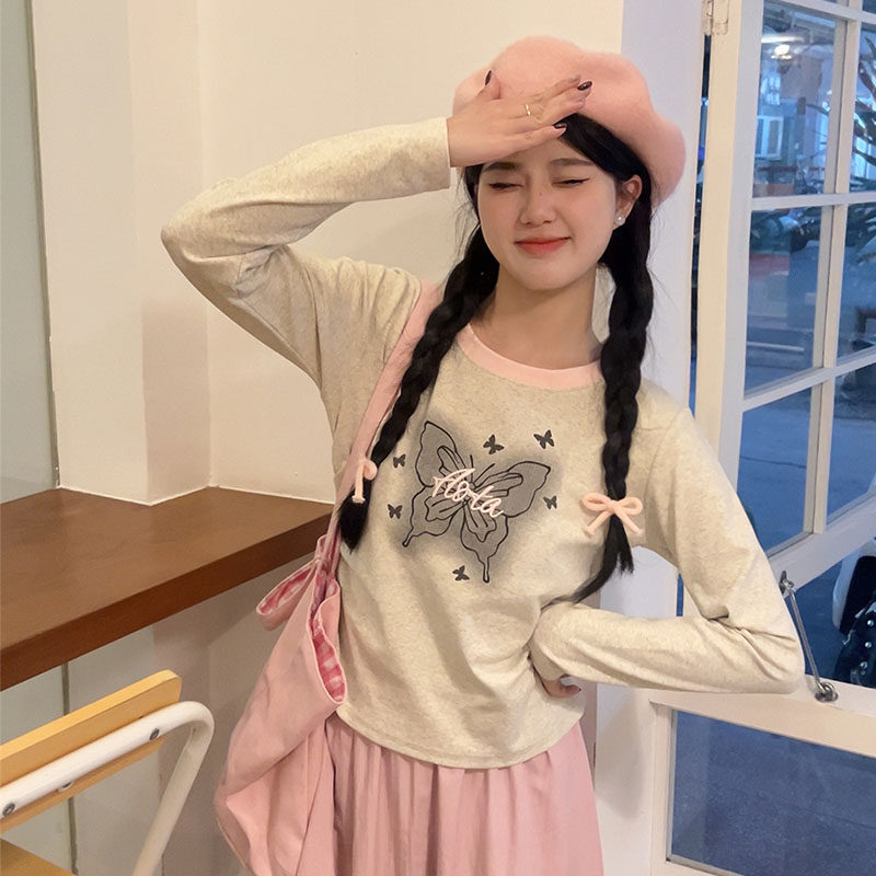 秋冬新款甜酷修身长袖内搭打底衫女刺绣字母蝴蝶拼色圆领t恤上衣