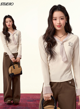 学院风条纹领带长袖T恤女刺绣打底衫小个子修身显瘦内搭短款上衣