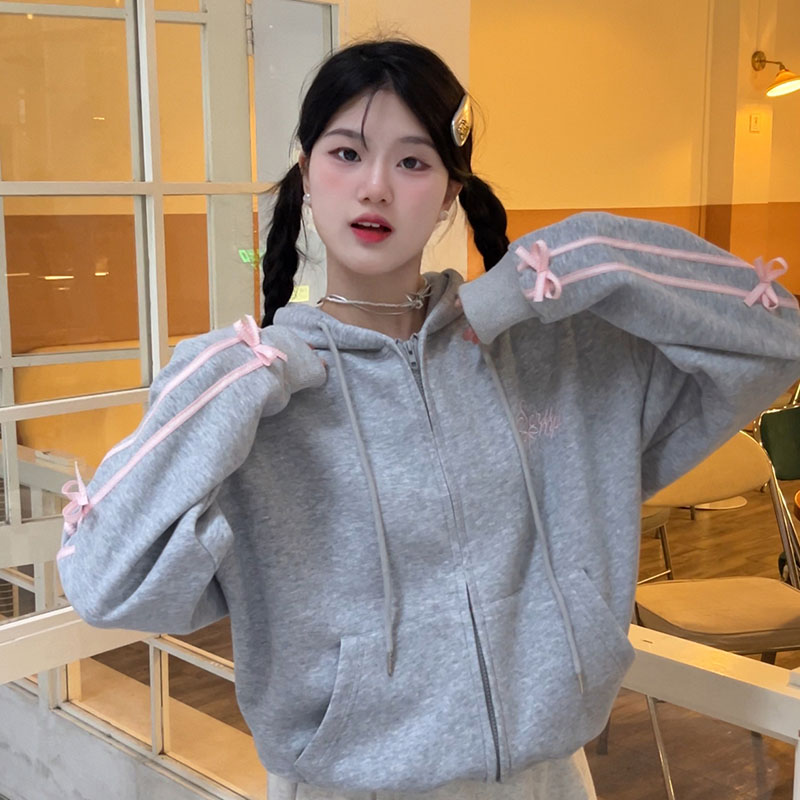 立体蝴蝶结花边长袖宽松外套上衣字母刺绣开衫拉链连帽卫衣女秋冬