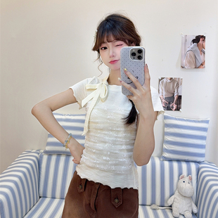 设计感网纱拼接蝴蝶结圆领正肩短袖 杏色短上衣 T恤女2025夏季 新款