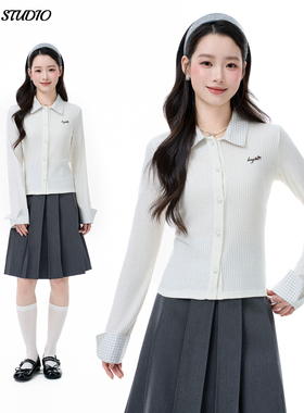 格子polo领设计感针织开衫女冬季新款正肩长袖内搭刺绣打底短上衣