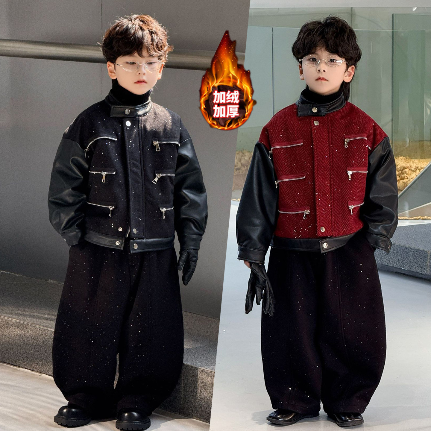 韩范痞帅男童皮衣外套2026新款冬季加绒儿童潮酷机车服小香风套装