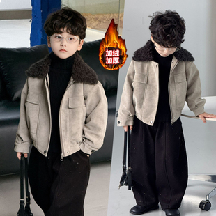 男童加绒加厚外套2025新款 韩范痞帅小男孩皮衣潮酷儿童皮夹克 冬季